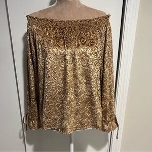 Curve Appeal Gold Velvet Printed Smocked Off the Shoulder Top with Tie Cuffs